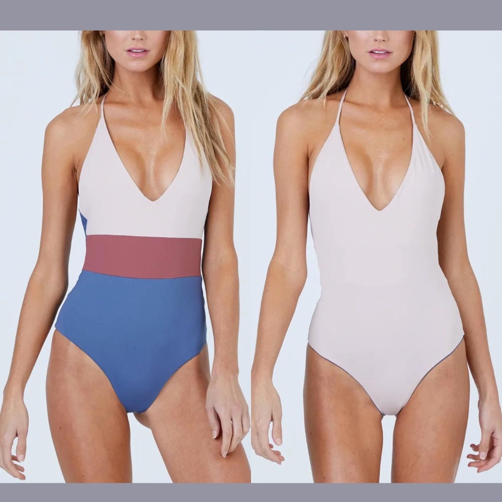 NWT Tavik [ Small ] Chase Plunge Colorblock One Piece Swimsuit Muted Indigo‎